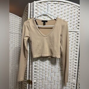 Tan V-Neck Ribbed Long Sleeve Top